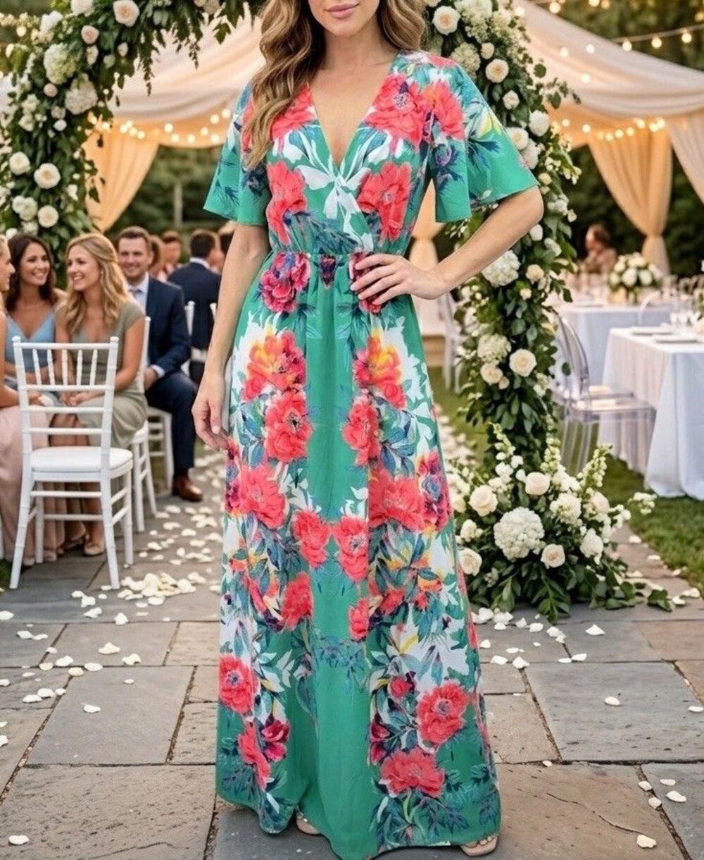 Lulus Women's Sz. S V Neck Green Floral Maxi Waist Scrunch Wedding Guest Dress